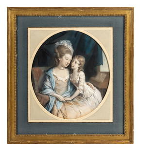 Hugh Douglas Hamilton (British, 1739-1808): Hugh Douglas Hamilton (British, 1739-1808) Portrait of a Mother and Daughter pastel over pencil on laid paper laid on canvas 15 3/4 x 13 1/2 inches (sight). This lot is located in Chicago. Provenance: