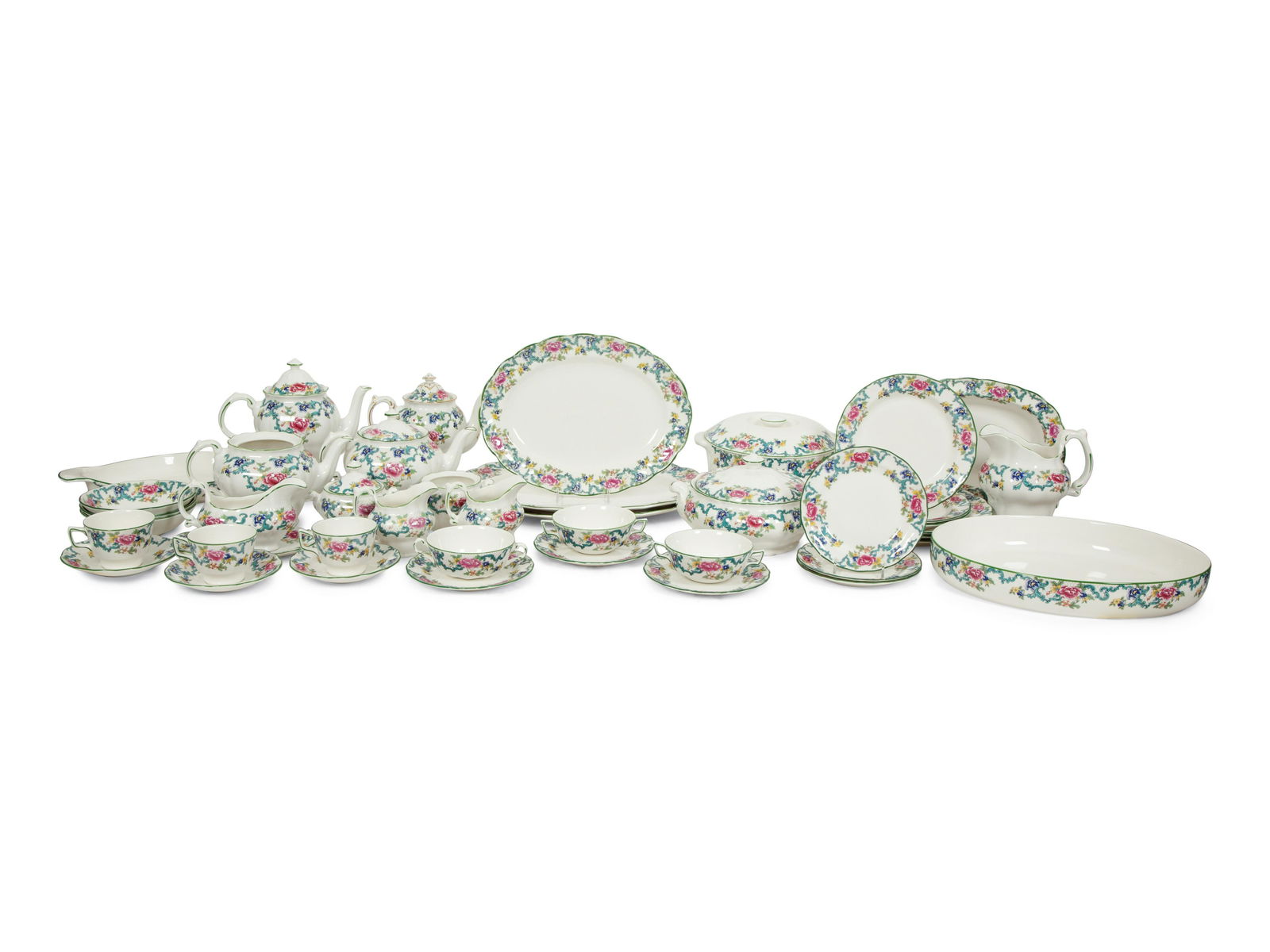 A Royal Doulton Floradora Green Porcelain Dinner Service: A Royal Doulton Floradora Green Porcelain Dinner Service Late 20th Century comprising: 12 dinner plates 11 salad plates 15 bread plates 12 fruit bowls 24 bouillon cups 21 bouillon underplates 12 teacu