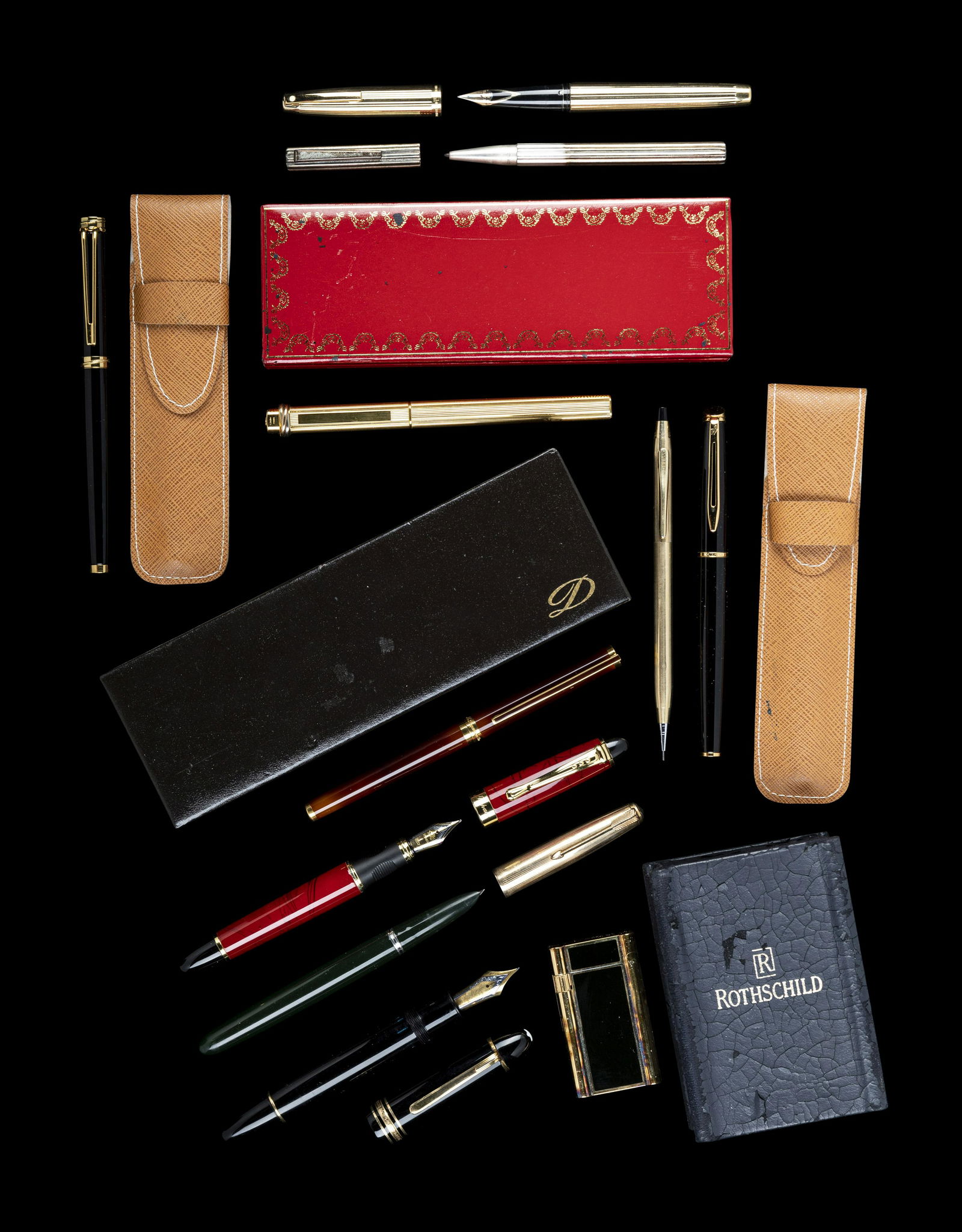 A Collection of Ten Writing Instruments and a Rothschild Gilt-Metal and Enameled Lighter (1 of 3)