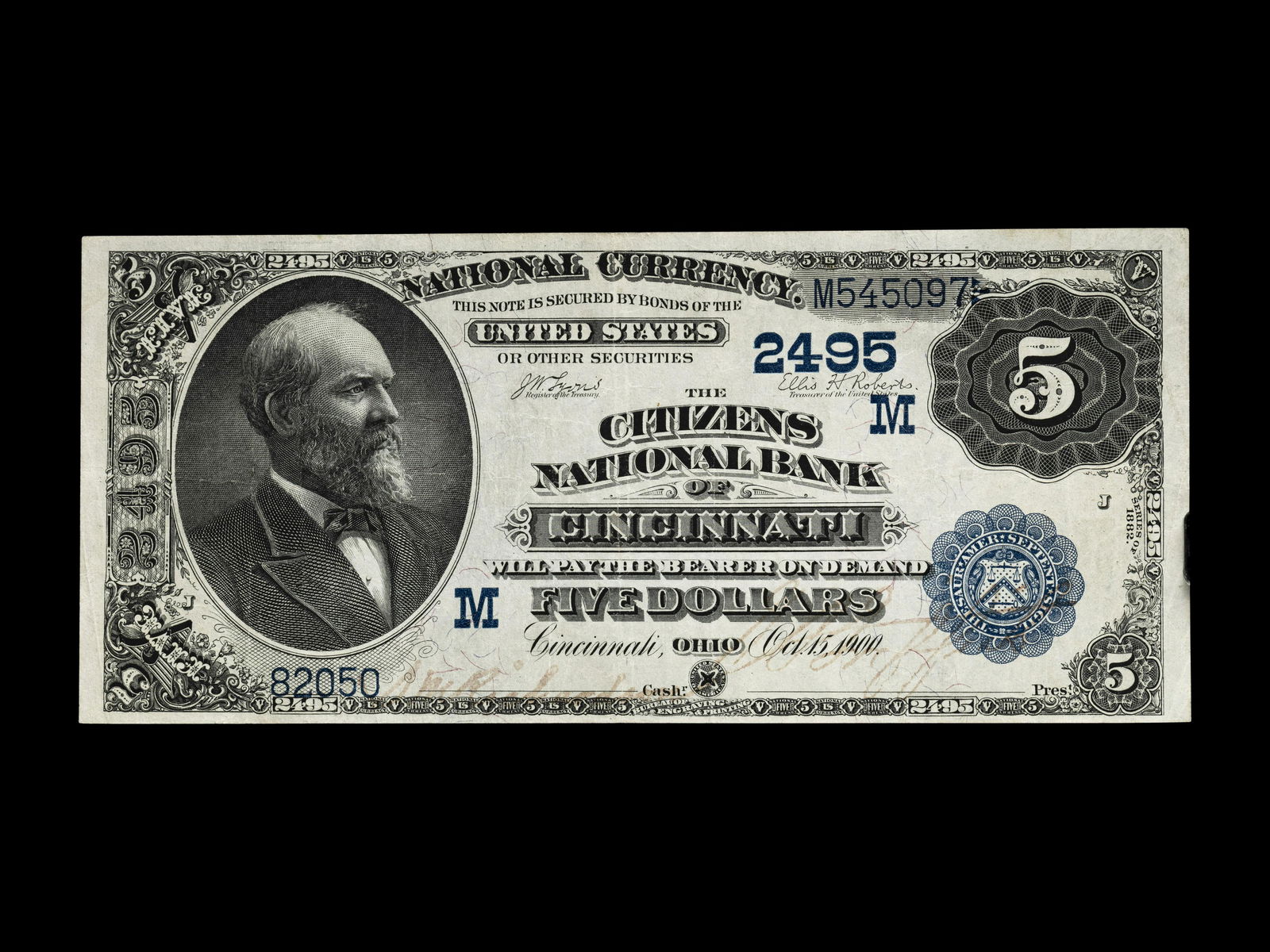 A Series 1882Date Back $5 National Bank Note-Charter #2495Citizens National Bank of Cincinnati, OH (1 of 2)