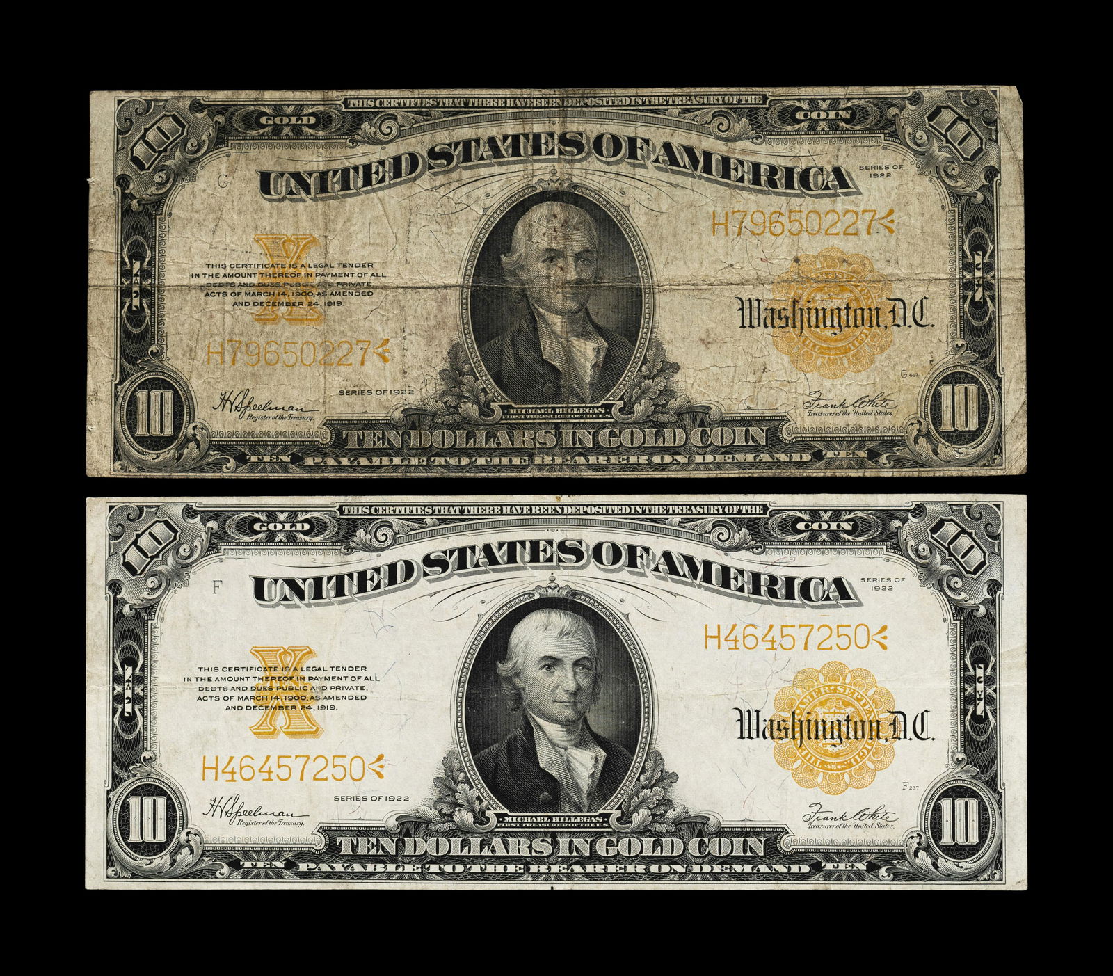 Two Series 1922 $10 Gold Certificates (1 of 2)