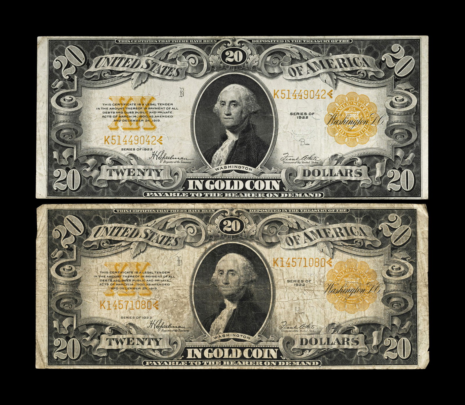 Two Series 1922 $20 Gold Certificates (1 of 2)
