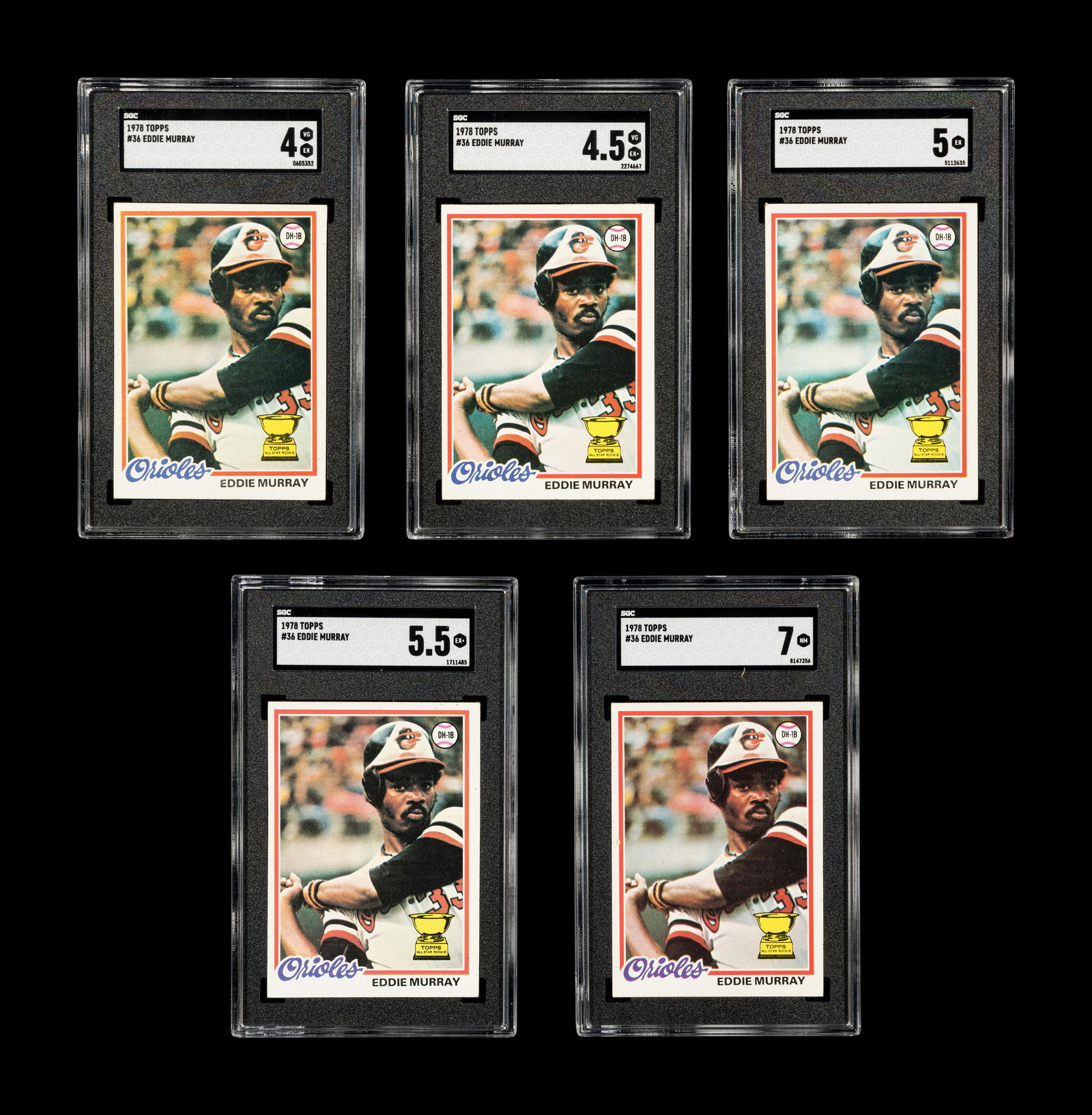 A Group of Five SGC Graded 1978 Topps Eddie Murray Rookie Baseball Cards No. 36, (1 of 6)