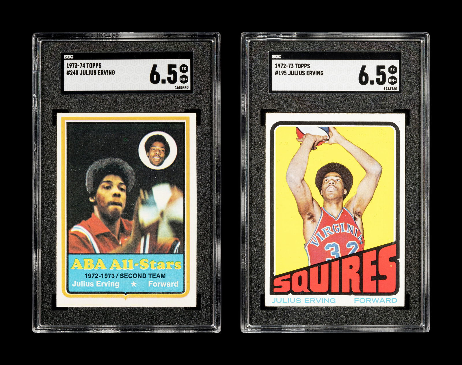 A 1972 Topps Julius Erving Rookie Basketball Card No. 195 (SGC 6.5 EX-NM+) and 1973 Topps All-Star (1 of 6)