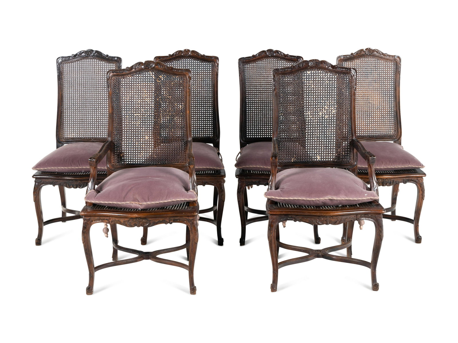 A Set of Six Louis XV Style Caned Dining Chairs: A Set of Six Louis XV Style Caned Dining Chairs 20th Century comprising four side chairs and two arm chairs. Height of armchairs 44 x width 23 inches; height of side chairs 44 x width 20 inches. This 