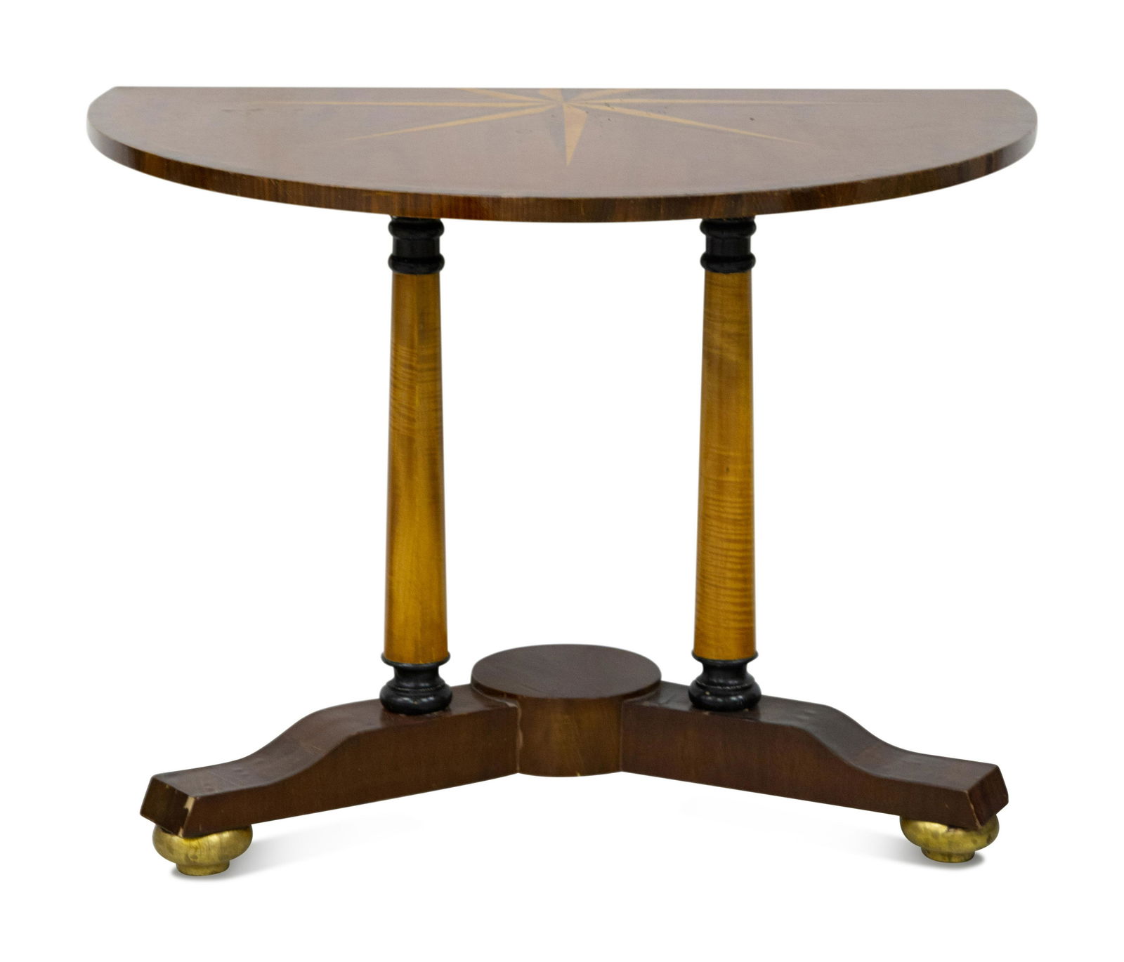 A Biedermeier Style Demi-Lune Mahogany, Maple and Parquetry Table: A Biedermeier Style Demi-Lune Mahogany, Maple and Parquetry Table 19th/20th Century Height 29 1/2 x width 39 x depth 24 inches. This lot is located in Palm Beach. Property from the Estate of Mr. Alfre