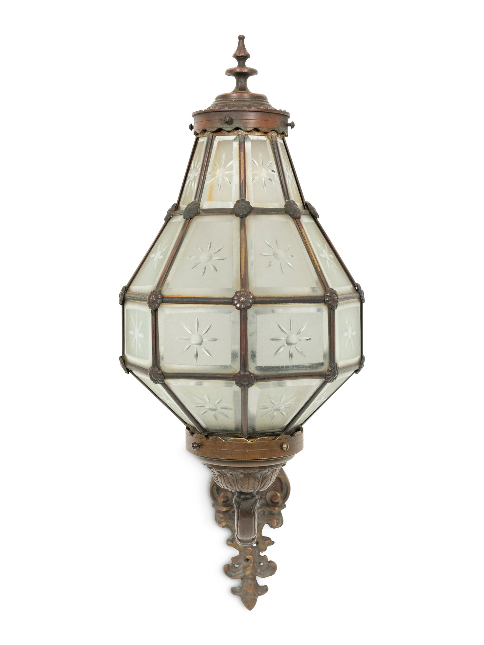 A Bronze and Glass Wall Sconce: A Bronze and Glass Wall Sconce 20th Century Height 24 x width 9 x depth 12 inches. This lot is located in Palm Beach.