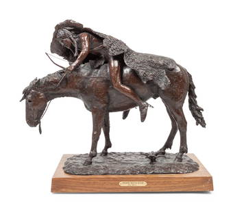 Jim Reno (American, 1929-2009): Jim Reno (American, 1929-2009) Comanche Buffalo Hunter bronze edition 1/15, signed Jim Reno, titled and numbered (base) Height 17 x length 20 x width 8 1/2 inches. This lot is located in Denver. Prope