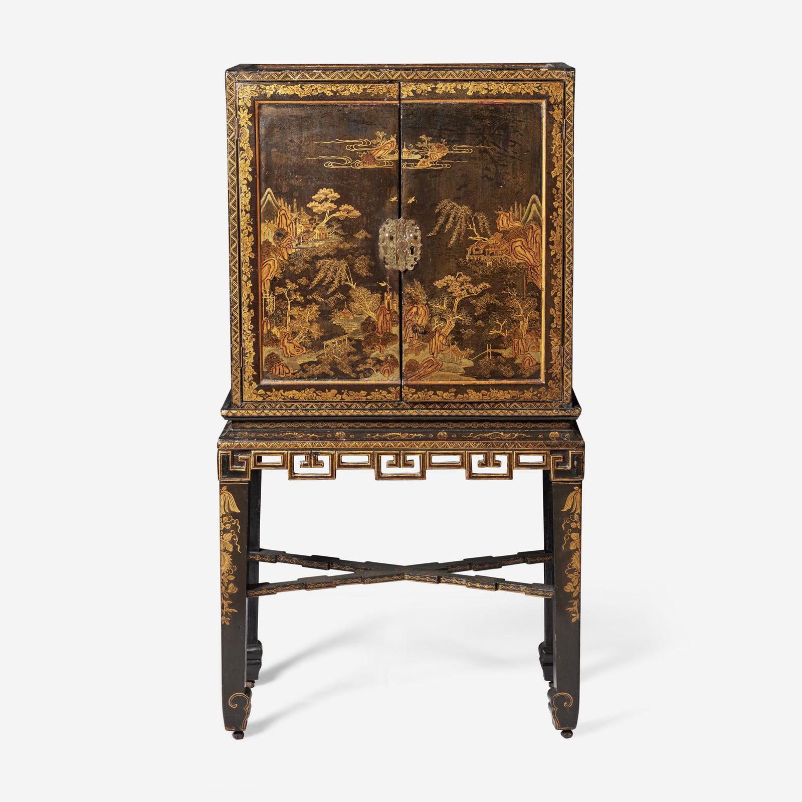 A Chinese Export gilt-decorated black lacquer cabinet-on-stand circa 1750 (1 of 3)