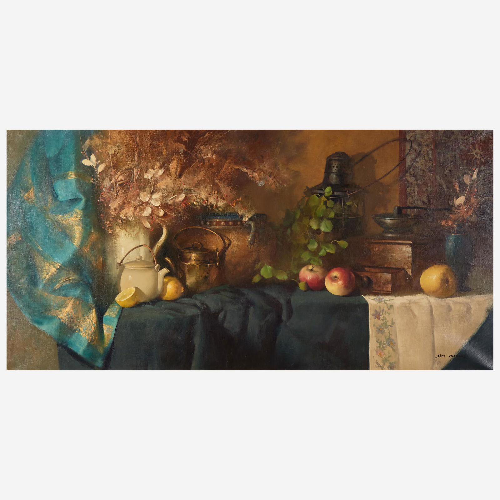 Thomas Andrew Nicholas (American, b. 1934) Still Life with Kettles, Fruit and Coffee Grinder (1 of 2)