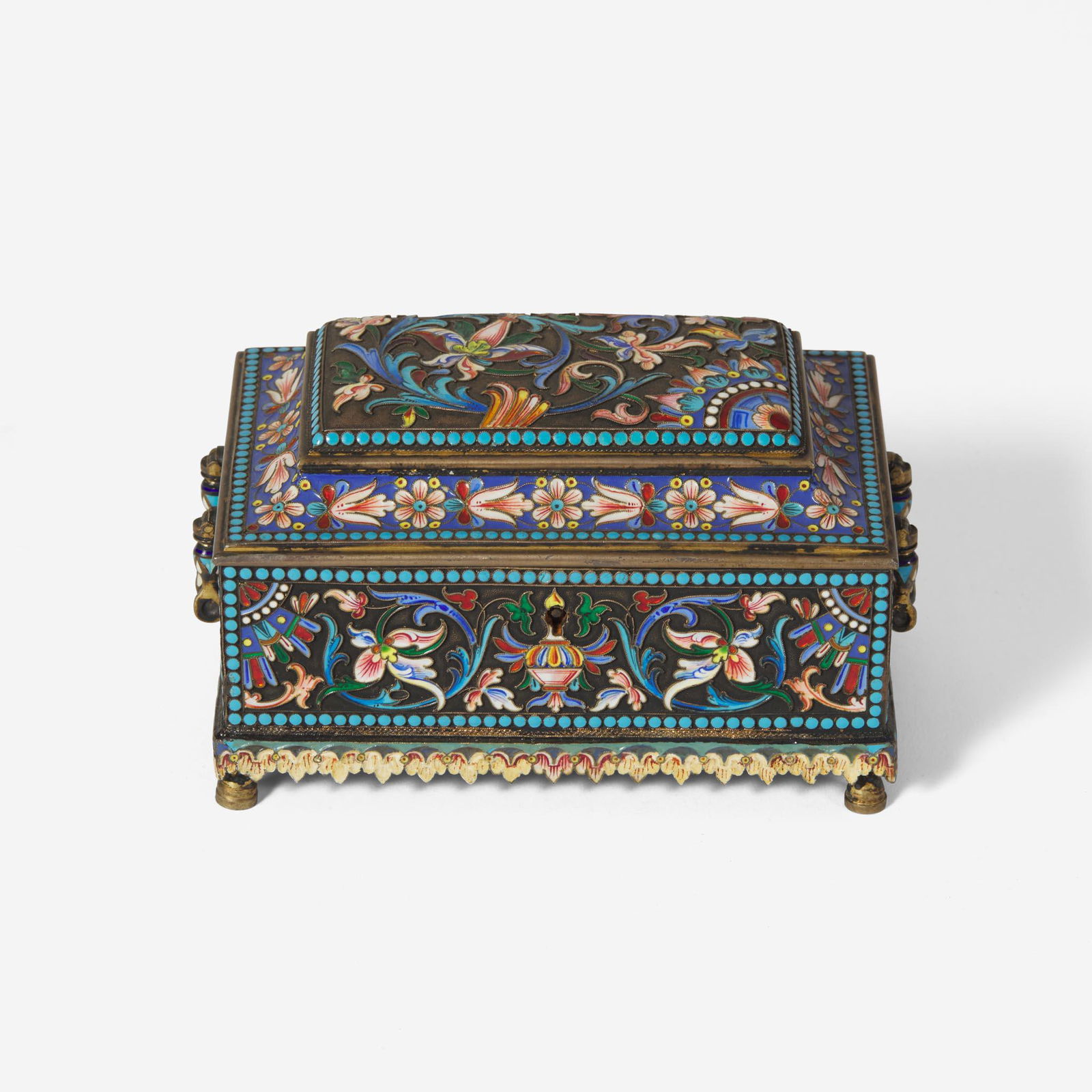 A Russian silver-gilt and shaded enamel casket Hallmarks likely for Nikolai Vasilevich Alexeev, (1 of 2)