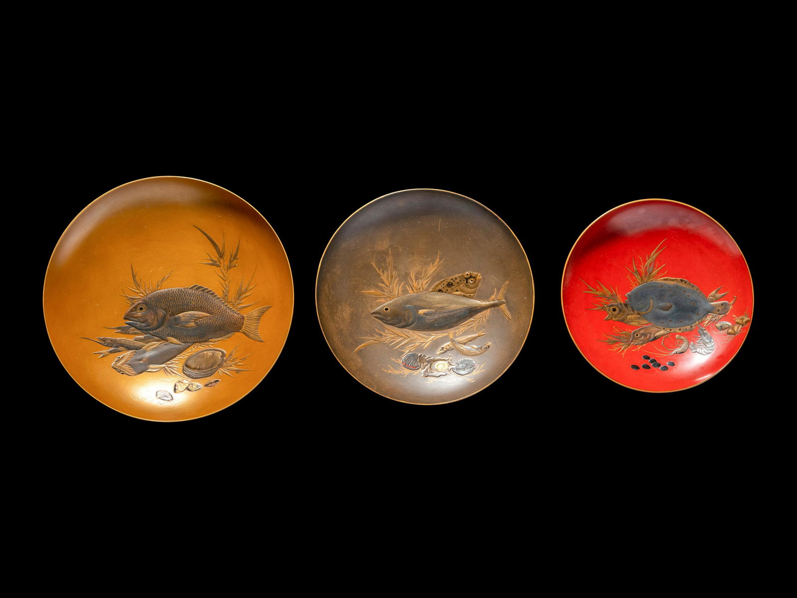 Three Japanese Lacquer 'Fish' Dishes (1 of 6)
