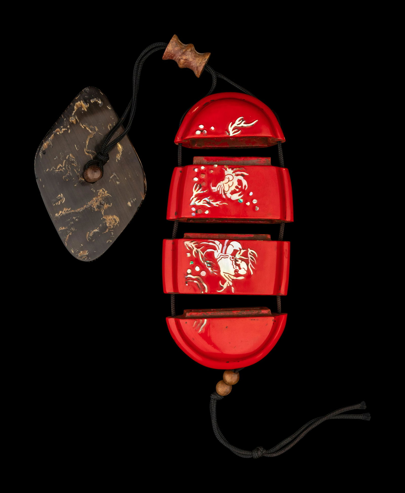 A Japanese Mother-of-Pearl Inlaid Red Lacquer Three-Case Inro (1 of 3)