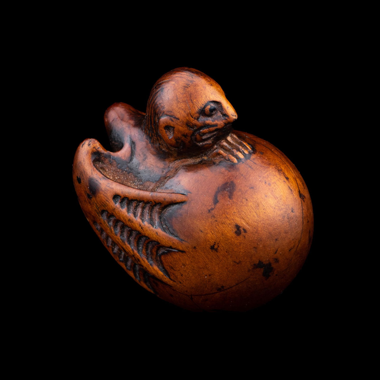 A Japanese Wood Netsuke of Hatching Tengu (1 of 4)