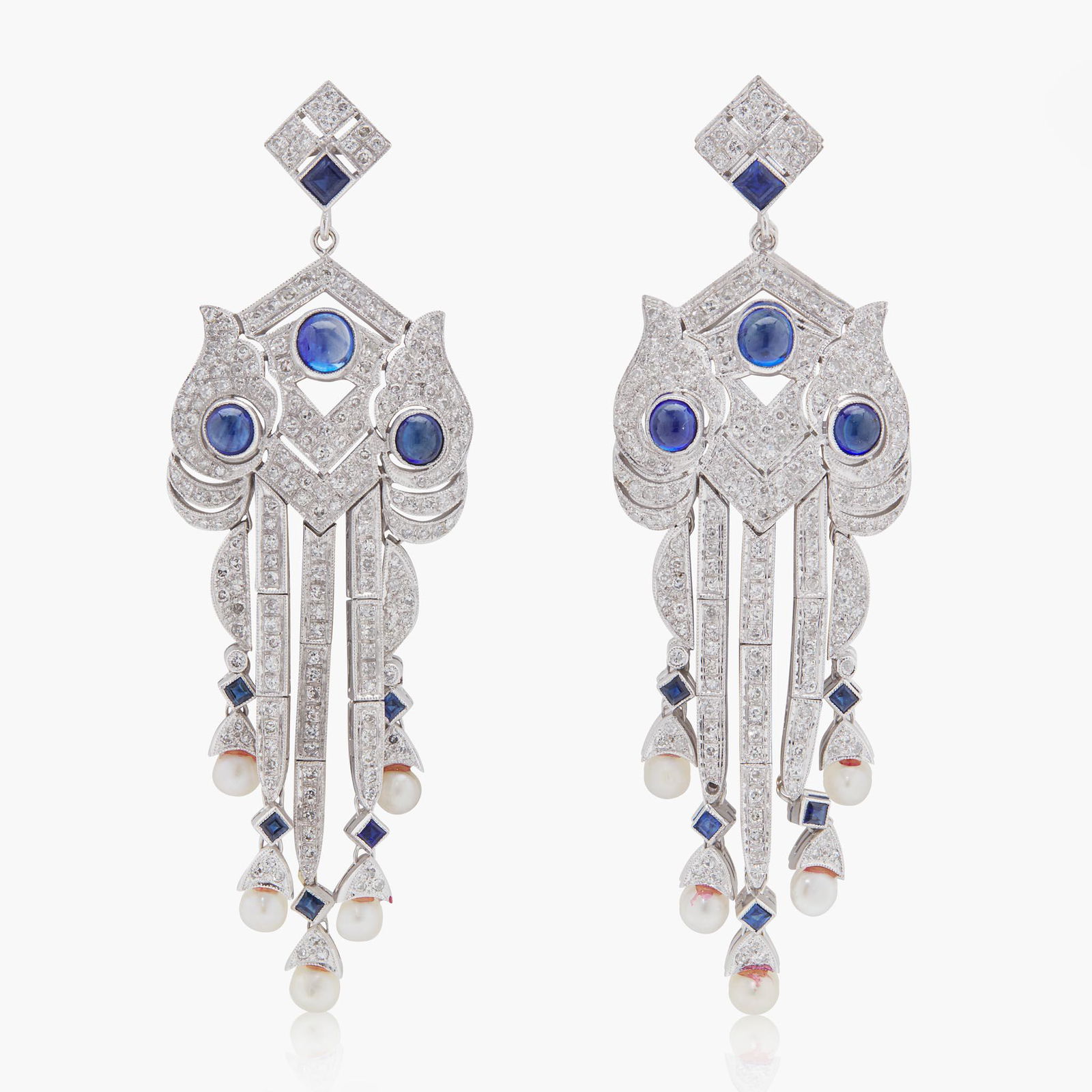 A Pair of Platinum, Diamond, Sapphire, and Pearl Earrings (1 of 1)