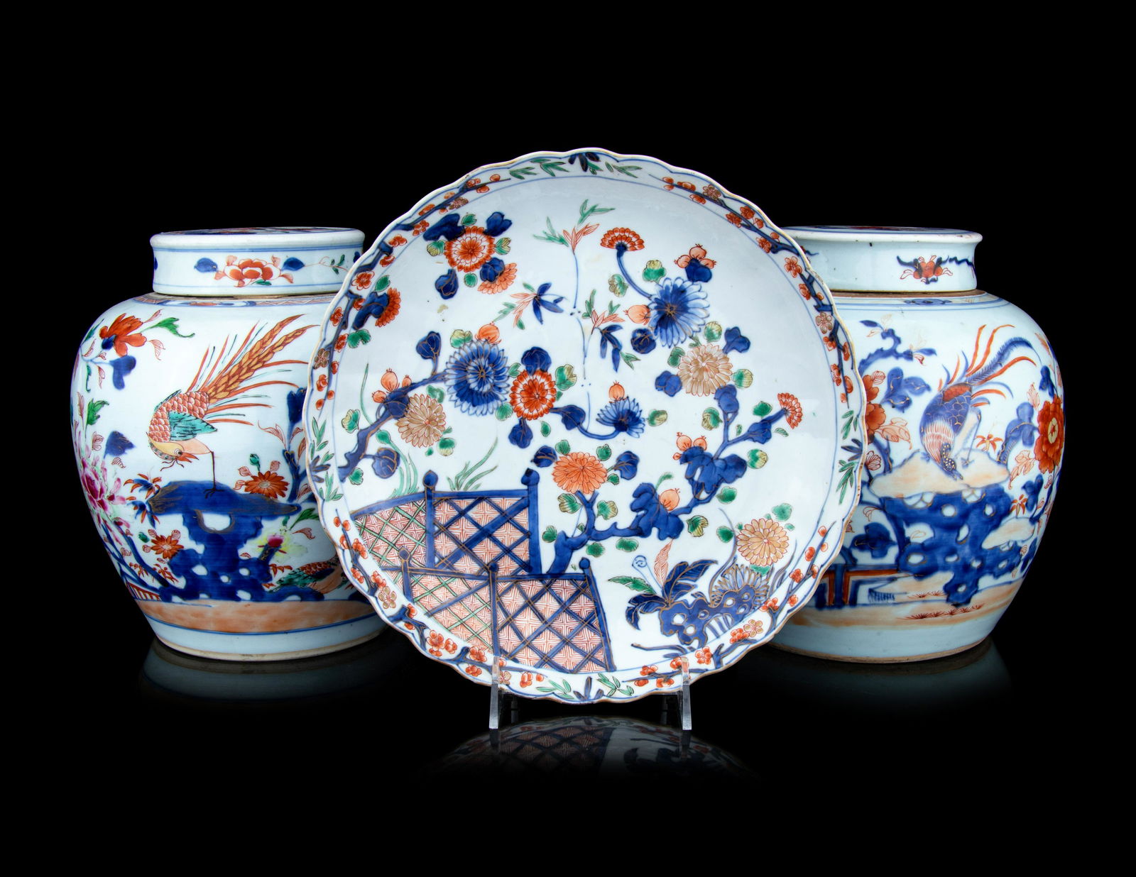 A Pair of Chinese Export Imari and Famille Rose Porcelain Covered Jars
and a Flori-Form Plate (1 of 6)