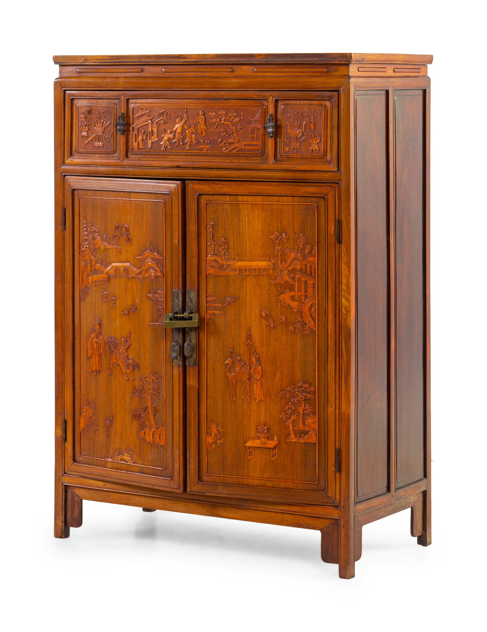 A Carved Hardwood Cabinet: A Carved Hardwood Cabinet First Half 20th Century 民國 硬木方角櫃 Height 45 1/2 x width 32 x depth 15 1/2 in., 115.6 x 81.3 x 39.4 cm. Property from a Promine