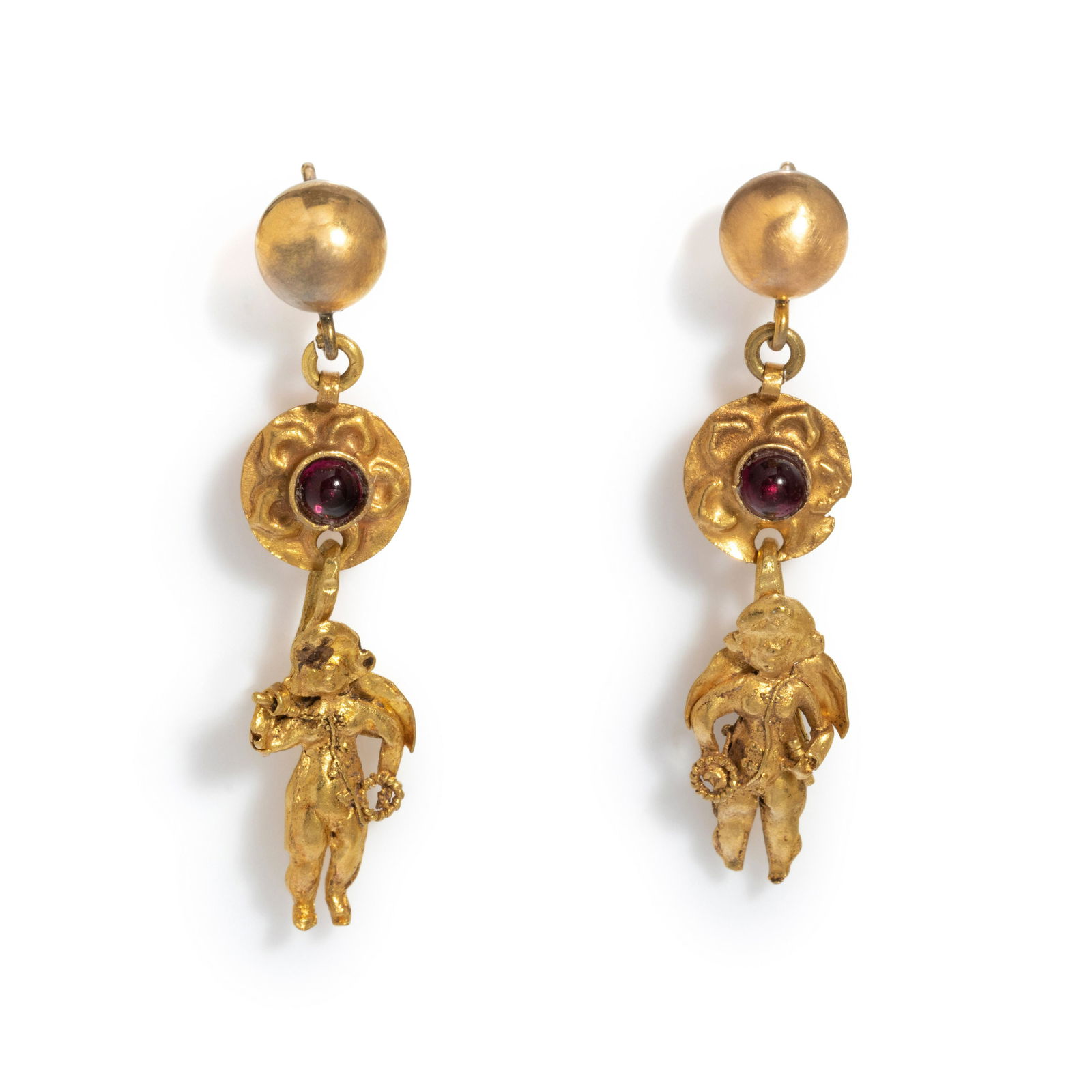 A Pair of Greek Gold and Garnet Earrings with the God Eros (1 of 2)