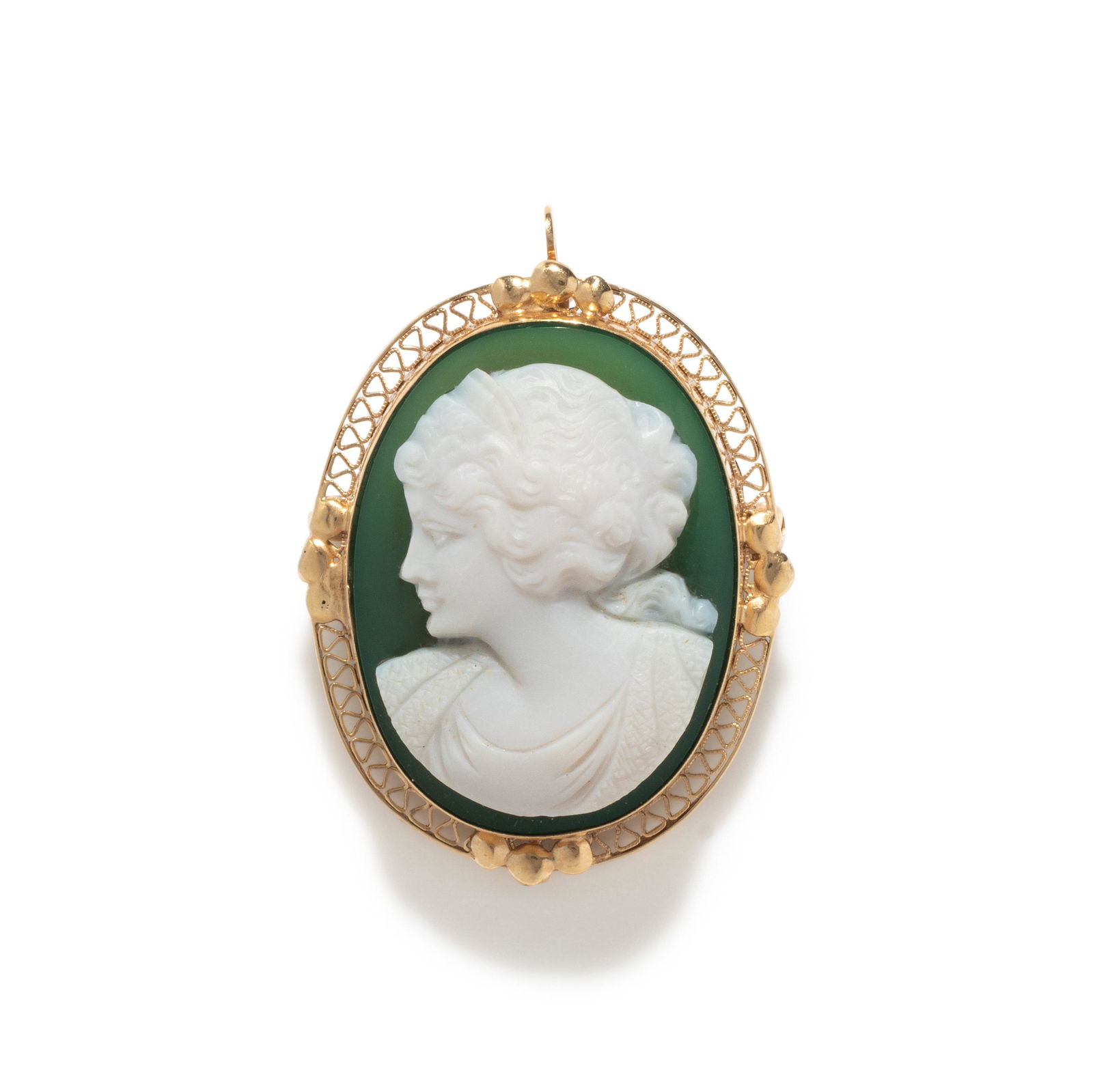 A Victorian Green Glass Cameo Brooch with a Female Portrait Bust (1 of 2)