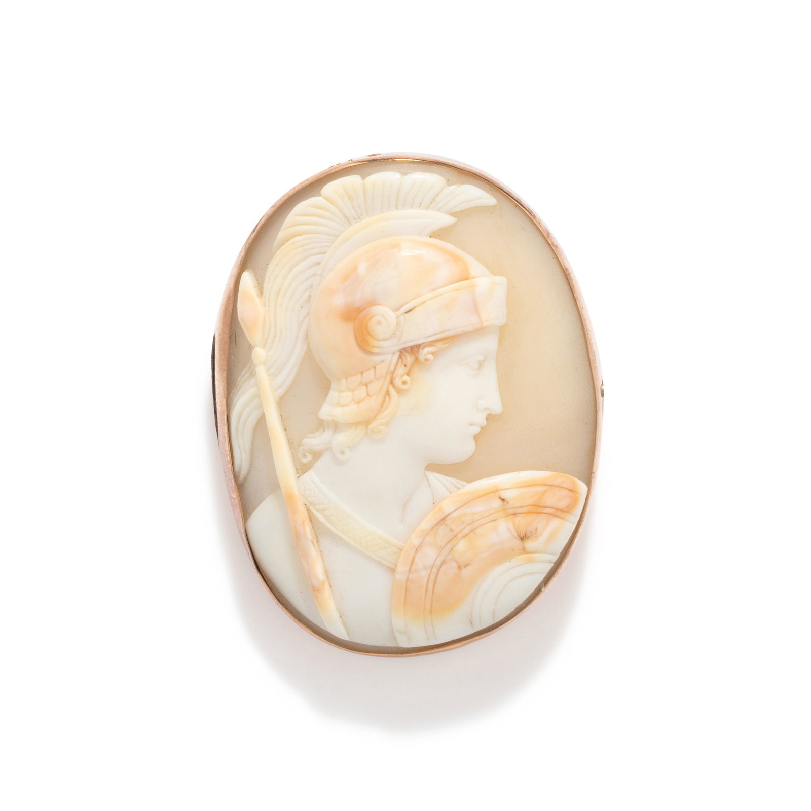 A Neoclassical Carnelian Cameo Booch with the God Ares: A Neoclassical Carnelian Cameo Booch with the God Ares Length 1 5/8 inches (4.1 cm); 7.6 dwt.