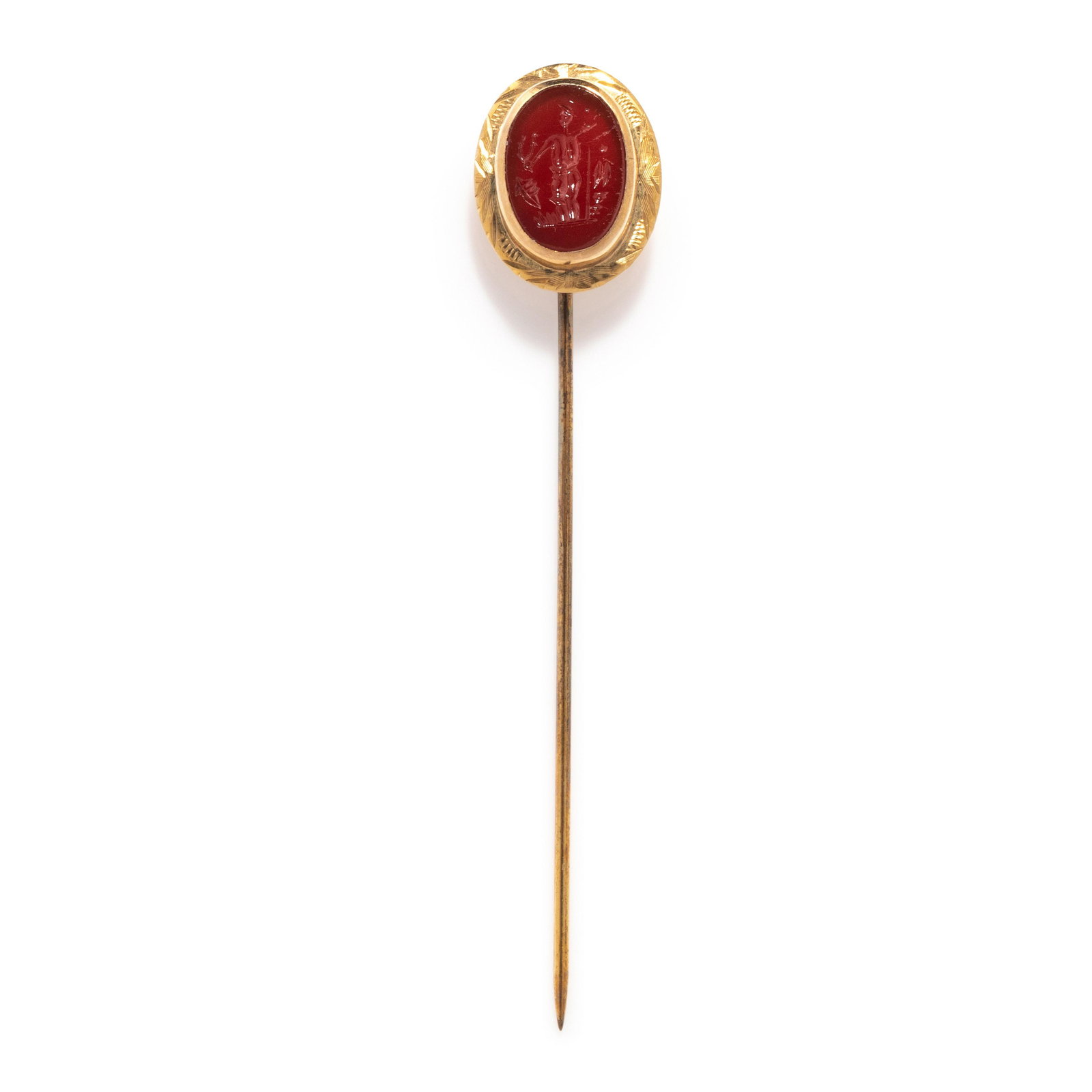 A Neoclassical Carnelian and Gold Stickpin with a Mythological Scene: A Neoclassical Carnelian and Gold Stickpin with a Mythological Scene Length 2.75 inches (7 cm); Length of intaglio .5 inches (1.3 cm); 2 dwt.