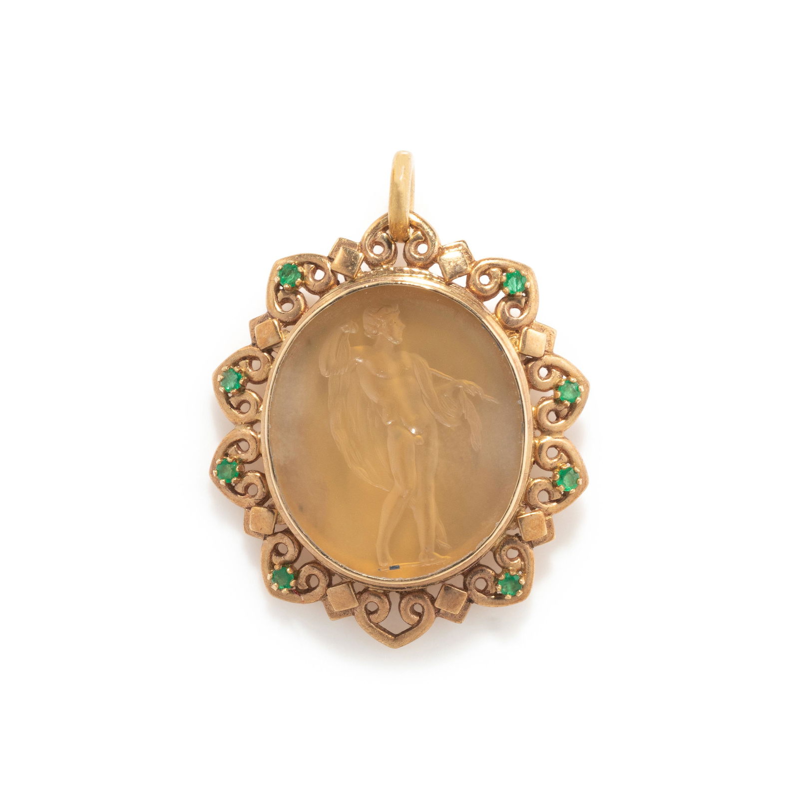 A Neoclassical Gold and Chalcedony Pendant with a Standing Male Figure (1 of 3)