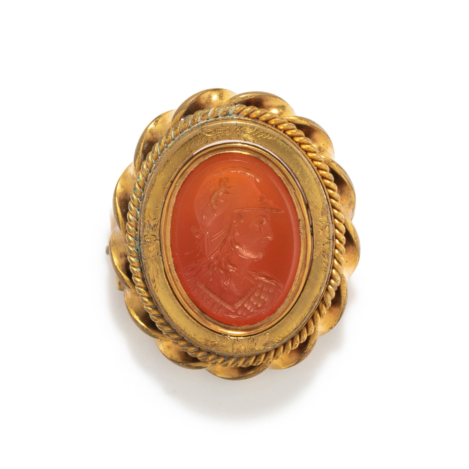 A Neoclassical Gold and Carnelian Brooch with a Bust of Athena: A Neoclassical Gold and Carnelian Brooch with a Bust of Athena Length 1 1/8 inches (3 cm); 7 dwt. This lot is located in Chicago.