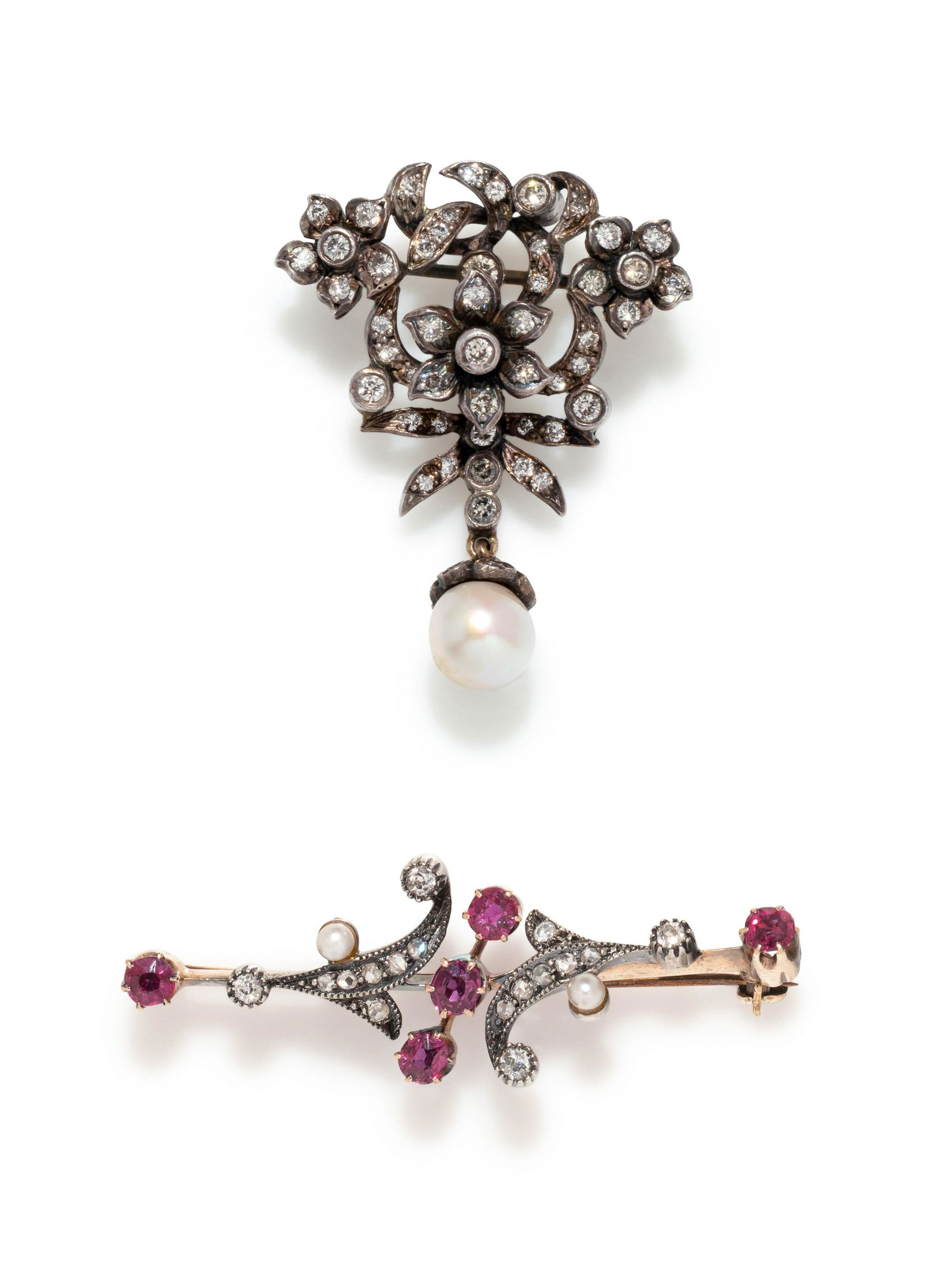 COLLECTION OF DIAMOND, PEARL AND RUBY BROOCHES (1 of 2)