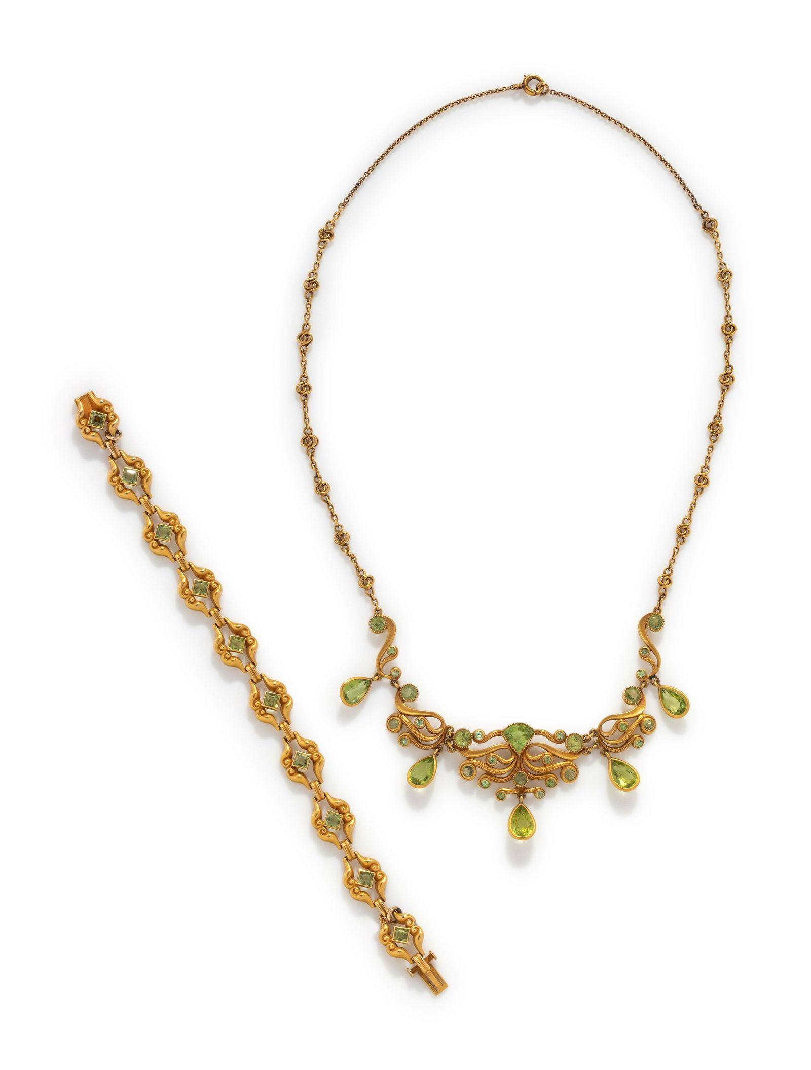 ANTIQUE, YELLOW GOLD AND PERIDOT NECKLACE AND BRACELET (1 of 2)