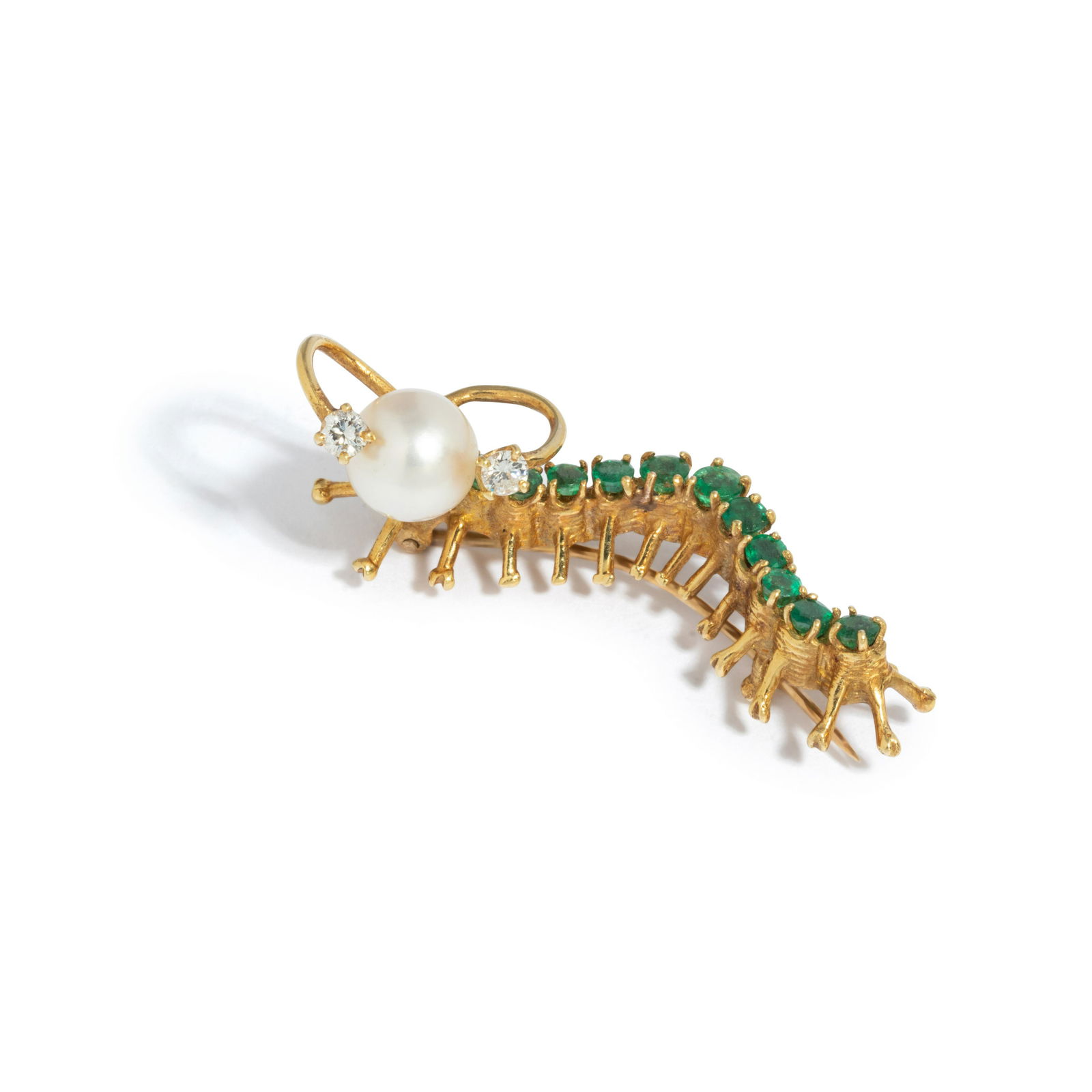 PIERRE TOURAINE, EMERALD, CULTURED PEARL AND DIAMOND CATERPILLAR BROOCH (1 of 2)