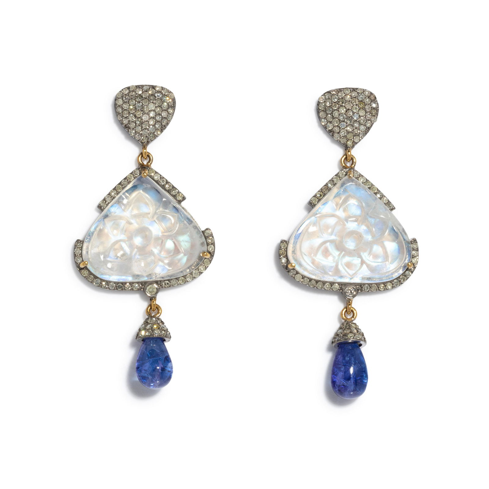 CARVED MOONSTONE, TANZANITE AND DIAMOND EARRINGS: CARVED MOONSTONE, TANZANITE AND DIAMOND EARRINGS Containing two carved triangular moonstones measuring approximately 16.20 x 18.95 mm, two tanzanite drops and numerous single cut diamonds. Mounted in