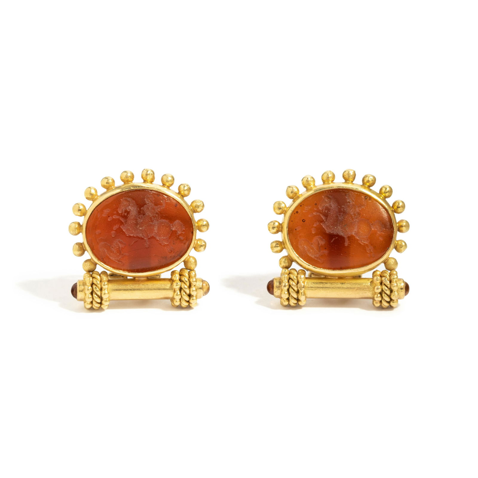 ELIZABETH LOCKE, YELLOW GOLD, CITRINE AND GLASS AND MOTHER-OF-PEARL INTAGLIO EARCLIPS (1 of 2)