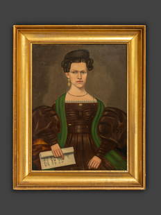 Erastus Salisbury Field (American, 1805-1900): Erastus Salisbury Field (American, 1805-1900) Portrait of Hannah Eells Palmer oil on canvas 35 1/4 x 27 inches. This lot is located in Cincinnati. Hannah Eells Palmer (1804-1881) was the fourth of eig