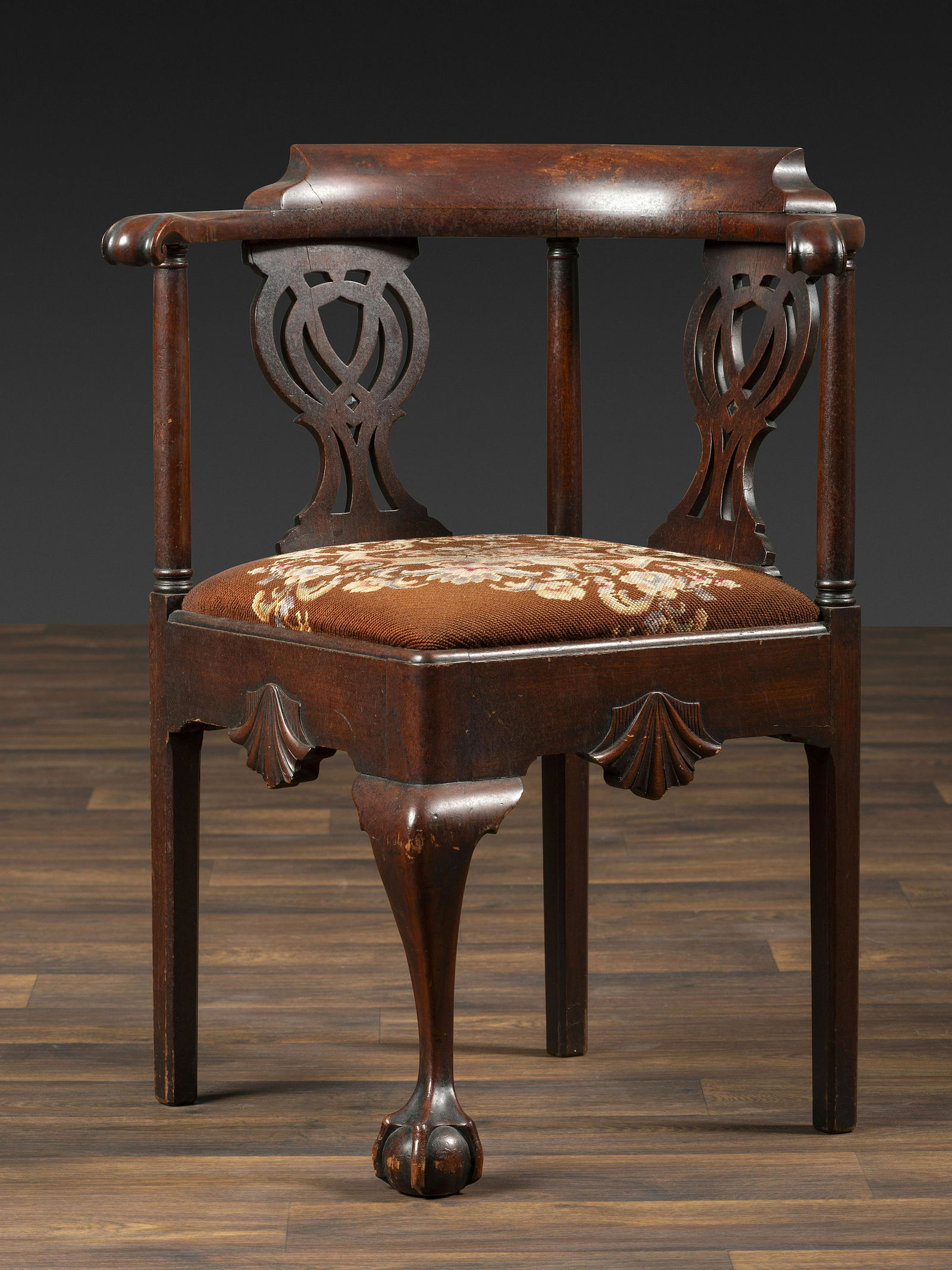 A Chippendale Shell-Carved Mahogany Knuckle-Arm Claw-and-Ball Foot Corner Chair (1 of 5)