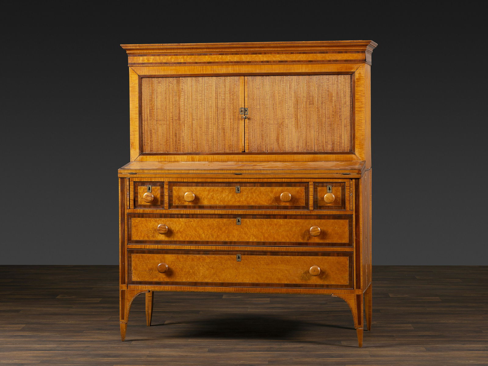 A Federal Inlaid Bird's Eye Maple and Mahogany Tambour Writing Desk (1 of 13)