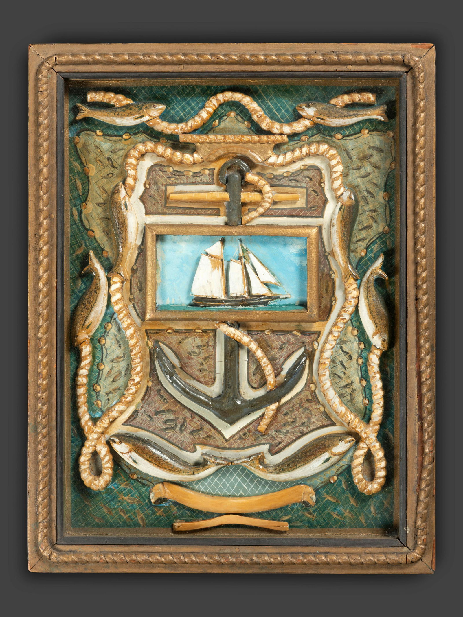 A Nautical Folk Art Carved and Painted Wood Panel (1 of 2)