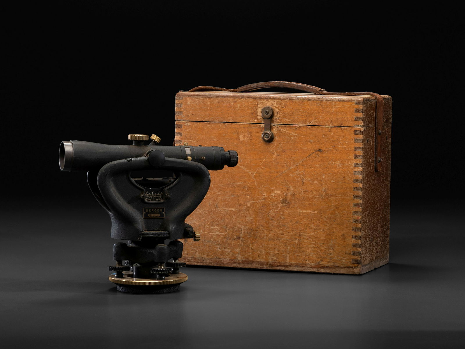 A C.L. Berger and Sons Transit Surveying Scope: A C.L. Berger and Sons Transit Surveying Scope Boston, Massachusetts, 20th Century model no. 2T-8191. housed in a wooden case. Height of instrument 9 1/2 inches. Height of case 11 3/8 x width 12 7/8 x