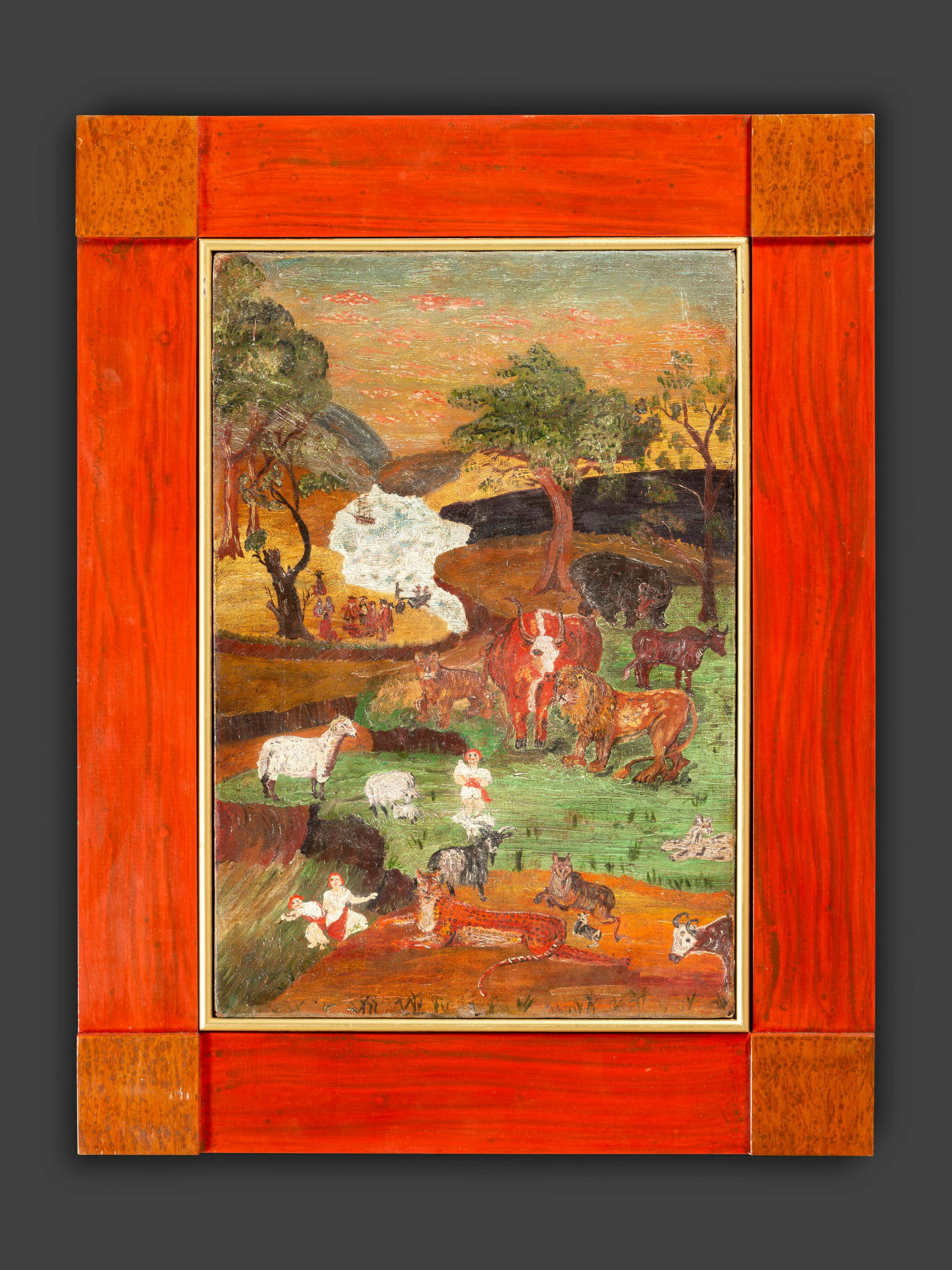 After Edward Hicks, 19th/20th Century: After Edward Hicks, 19th/20th Century A Peaceable Kingdom oil on canvas 19 1/4 x 13 inches. This lot is located in Cincinnati. Property from the collection of Jonathan Holstein, San Francisco, CA