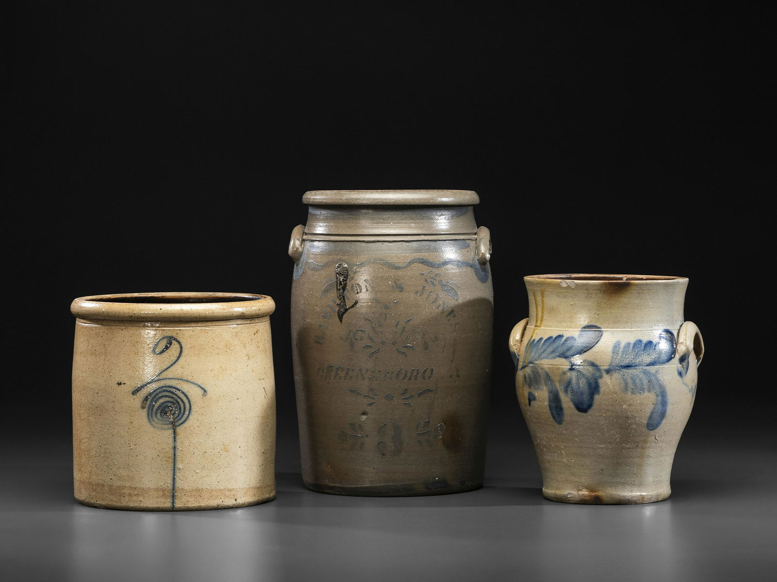 Three Cobalt Decorated Stoneware Vessels (1 of 4)