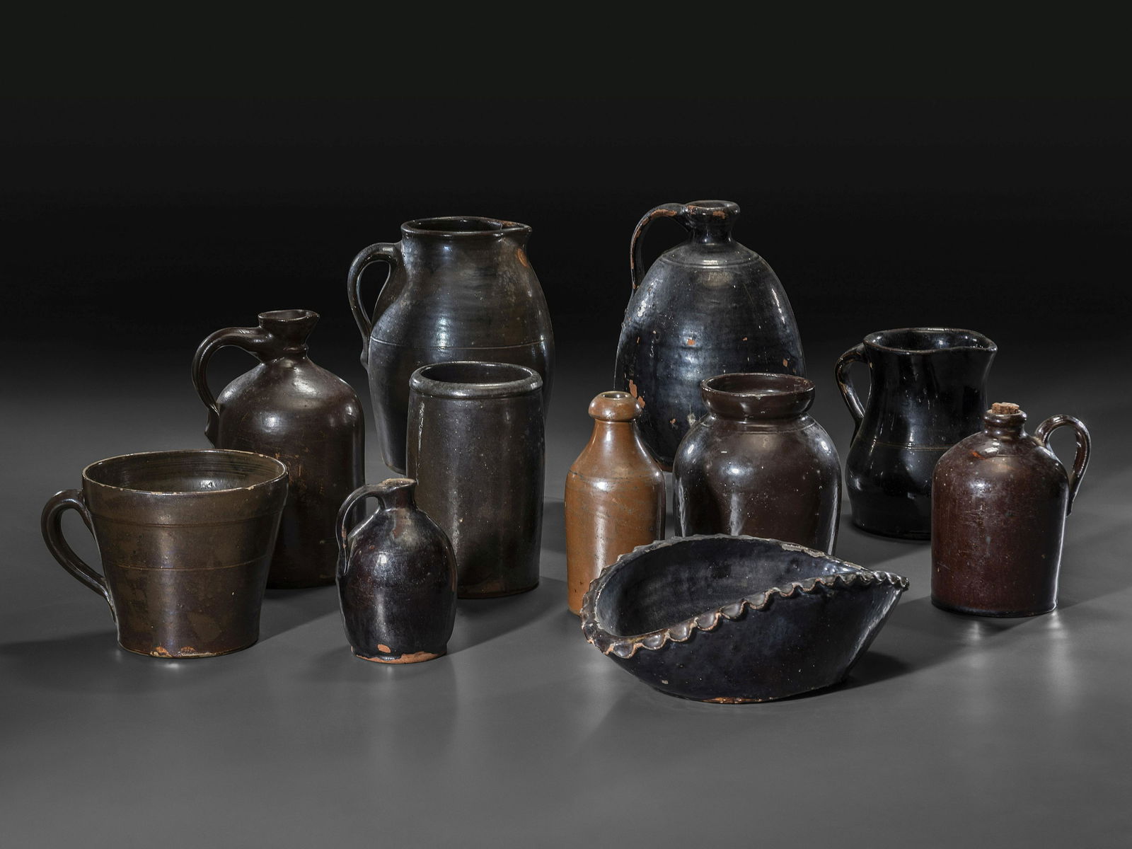 Eleven Albany Slip Stoneware and Redware Vessels (1 of 4)