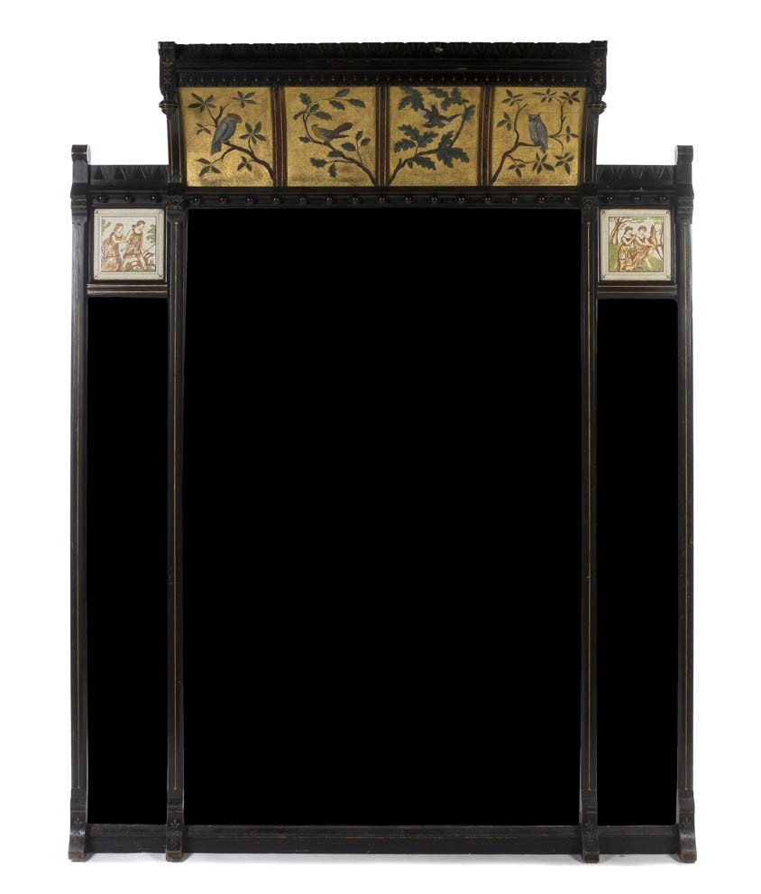 An English Aesthetic Movement Ebonized Wood Pier Mi: An English Aesthetic Movement Ebonized Wood Pier Mirror, circa 1870, the overhung cornice decorated with birds and branches above the central rectangular beveled plate, flanked and additional mirrored