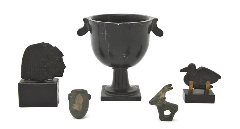 A Collection of Five Artifacts after the Antique, : A Collection of Five Artifacts after the Antique, comprising a turned marble chalice, an Egyptian profile and three others. Height of tallest 5 1/4 inches.