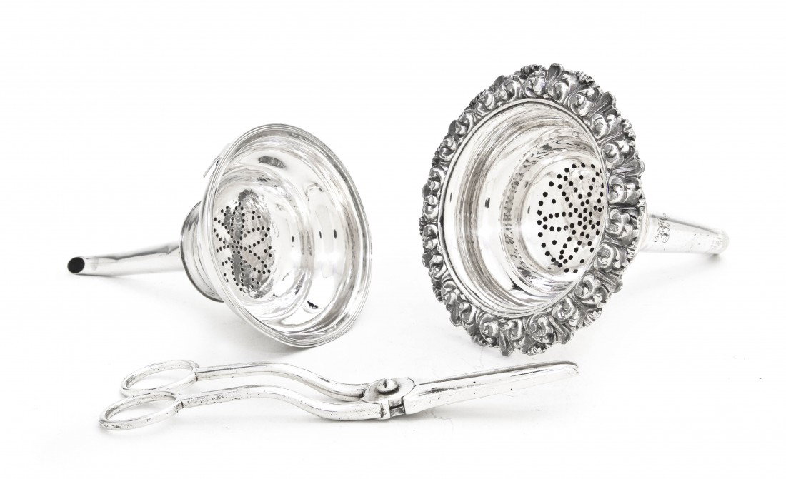 An English Silver Wine Funnel, Height of first 5 1: An English Silver Wine Funnel, London, 1791, having a maker's mark of RH, together with a silverplate example and silver scissors having a maker's mark of GR; approximate total weighable 12.57 ozt. He