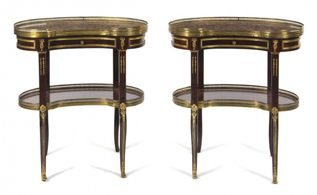 A Pair of Louis XVI Style Gilt Metal Mounted Side : A Pair of Louis XVI Style Gilt Metal Mounted Side Tables, each having a reniform three-quarter galleried top over a single drawer, raised on cabriole legs joined by a conforming medial shelf and endin