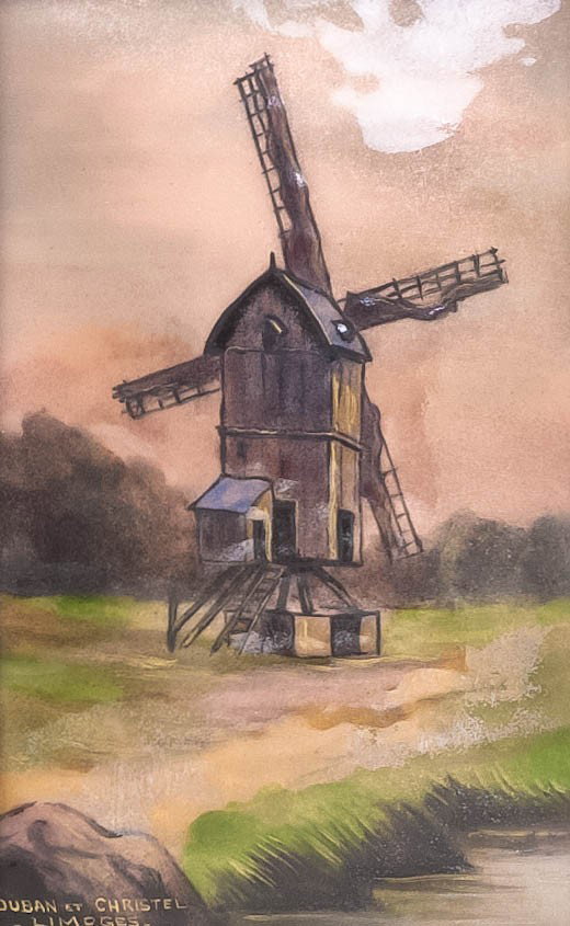 A French Enameled Copper Plaque, Height 5 1/4 x wi: A French Enameled Copper Plaque, depicting a windmill, signed Duban et Christel, Limoges, set in a parcel gilt and ebonized wood frame. Height 5 1/4 x width 3 1/4 inches. Property from the Estate of L