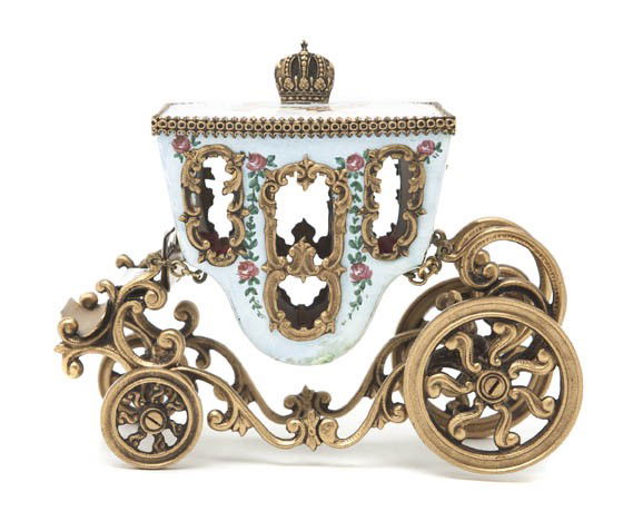 A French Enameled Model of a Carriage, Width 7 1/8: A French Enameled Model of a Carriage, the top having a crown finial and decorated with four putti among clouds and garlands, the body having floral garlands and a courting couple in a landscape, set