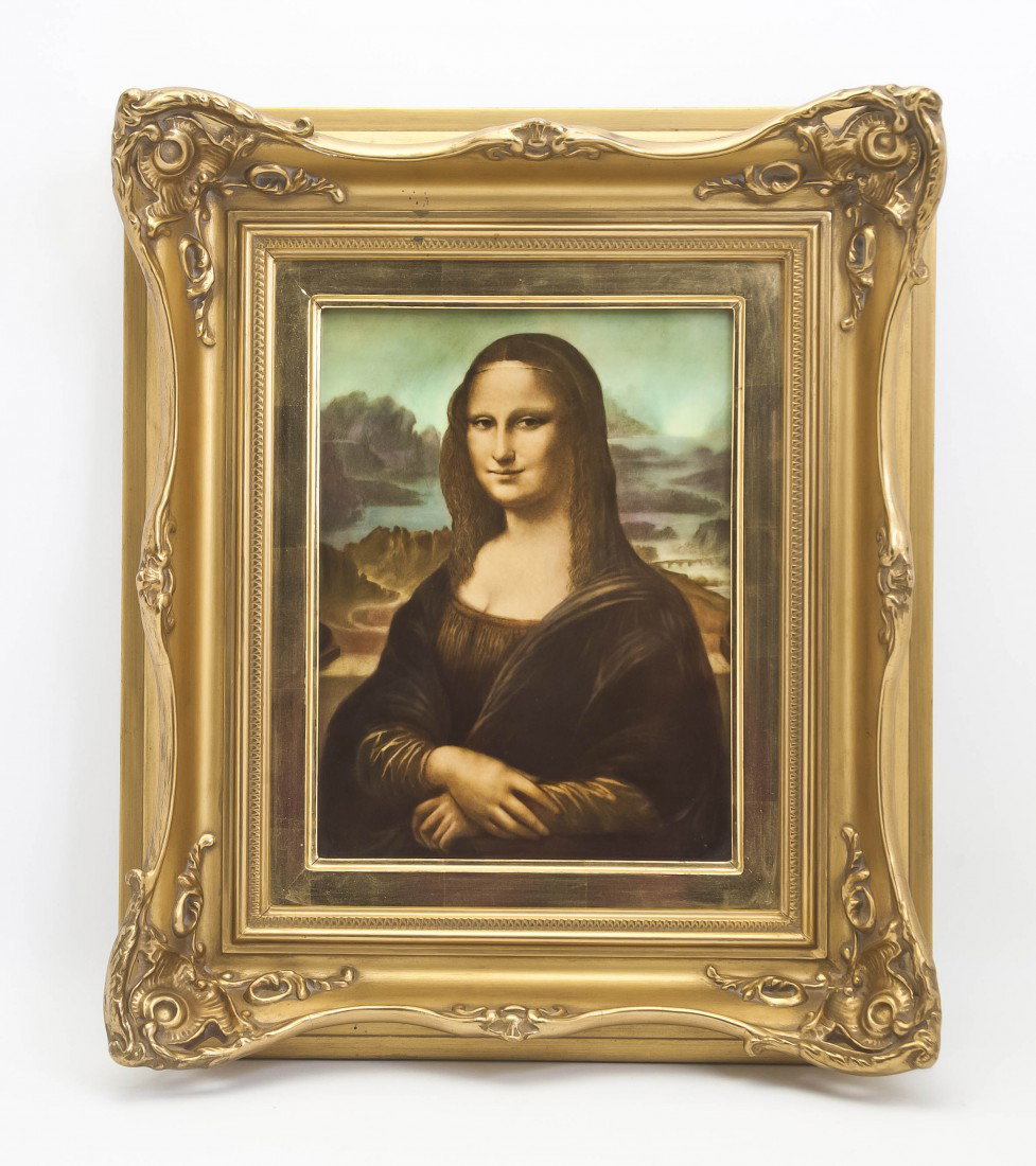 A German Porcelain Portrait Plaque, Rosenthal, Hei: A German Porcelain Portrait Plaque, Rosenthal, of rectangular form depicting the Mona Lisa after Leonardo da Vinci, set in a carved giltwood frame. Height of porcelain 14 5/8 x width 11 5/8 inches.