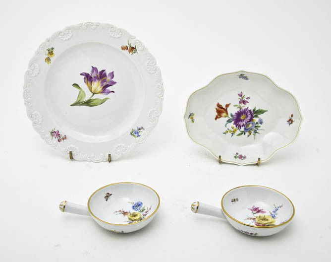 A Group of Four Meissen Porcelain Articles, Diamet: A Group of Four Meissen Porcelain Articles, comprising a circular plate, a shaped oval dish and two porringers, each with floral decoration on a white ground, having crossed swords marks in underglaze