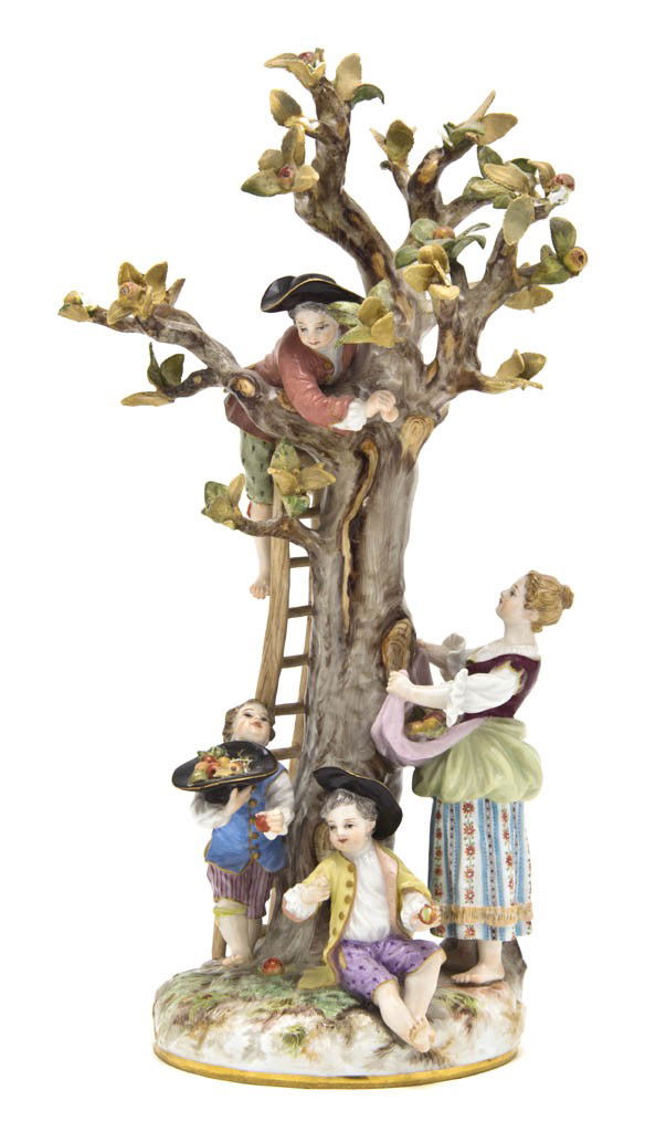 A Meissen Porcelain Figural Group, Height 11 inche: A Meissen Porcelain Figural Group, depicting a woman and three boys picking apples, having crossed swords mark in underglaze blue, impressed 43, incised 1998. Height 11 inches. Property from the Colle