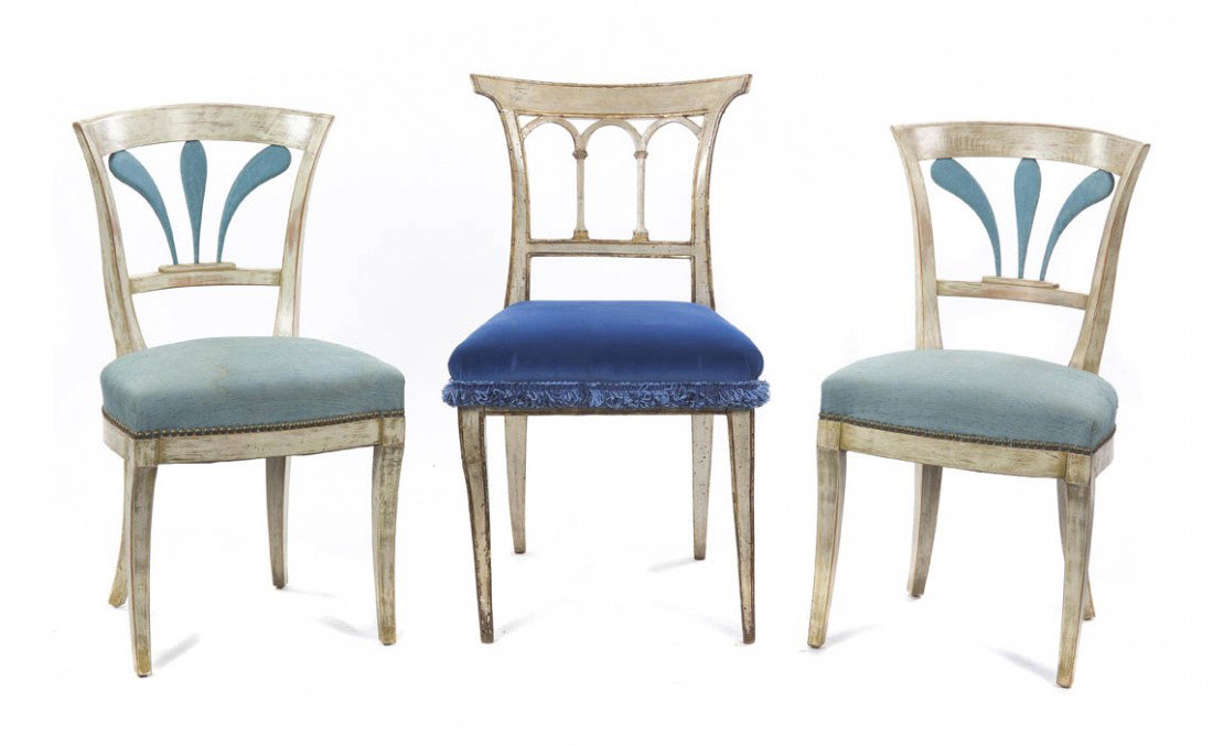 A Pair of Biedermeier Painted Side Chairs, Height : A Pair of Biedermeier Painted Side Chairs, together with a neoclassical example. Height of first 32 inches. Property from the Estate of Jean Ross, Lake Forest, Illinois